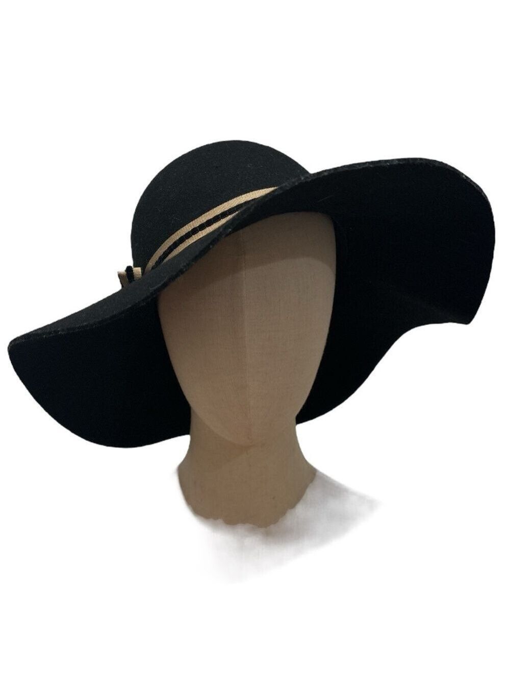 80s KATHY JEANNE BLACK WOOLFELT WIDE BRIM HAT W GROSGRAIN RIBBON BAND ROMANTIC 7